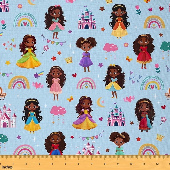 Feelyou Blue Cartoon Fabric by the Yard 1 Yard for Teens, Princess Castle Sewing Fabric, Kawaii Rainbow Cloud Home Decor Fabric by the Yard, Luxury Bedroom Decor