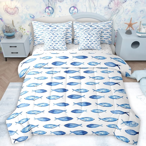 Feelyou Blue Cartoon Fish Bedding Comforter Set 7pcs for Teens, Kawaii Ocean Sealife King Bedding Sets, Cute Marine Animal Reversible Bed Sheets, Microfiber Bedroom Decor