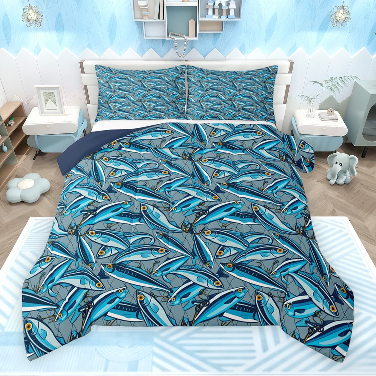 Comforter Fish Pattern Feelyou Blue Cartoon Fish Bedding Comforter Set, Fishhook Hunting Twin ...