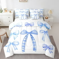 Feelyou Blue Cartoon Kids Twin Bedding Sets 7-Piece, Kawaii Ribbon Bowknot Bedding Comforter Set, Princess Bow-tie Theme Reversible Sheet Sets, Ultra Soft Home Decor