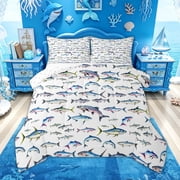 Feelyou Blue Cartoon Shark Queen Comforter Set for Men Boys, Deep Sea Animal Bedding Comforter Set, Reversible, 3 Pieces