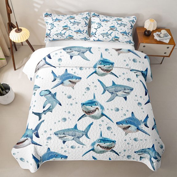 Feelyou Blue Cartoon Shark Twin Quilt Set for Boys Girls, Kawaii Ocean Wildlife Twin Coverlet Set, 2-Piece