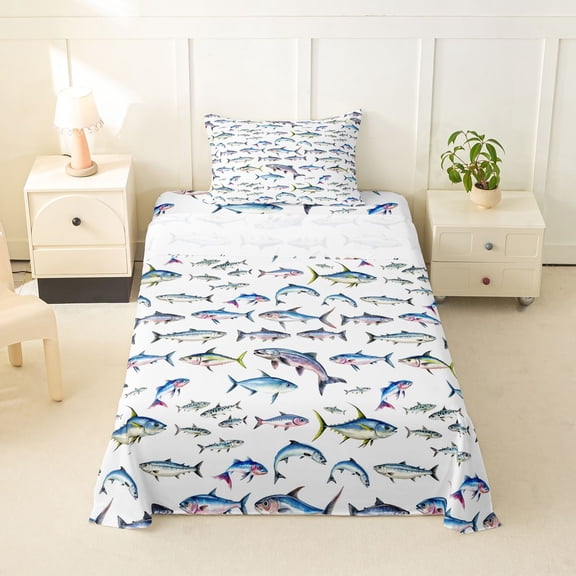Feelyou Blue Cartoon Shark Twin Sheet Sets for Men Boys, Deep Sea Animal Bedding, 3 Pieces