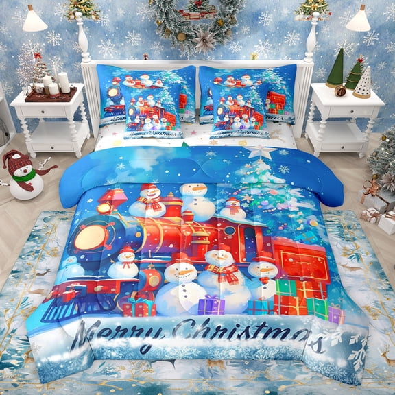 Feelyou Blue Cartoon Snowman Twin Bedding Sets 7pcs, Merry Christmas Bedding Comforter Set