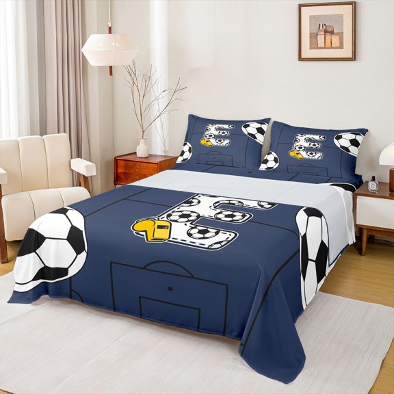 Feelyou Blue Cartoon Sport Soccer Bed Sheets for Boys, Initial E Letter Print Full Size Sheets, 4pcs, 1 Flat Sheet, 1 Fitted Sheet and 2 Pillowcases