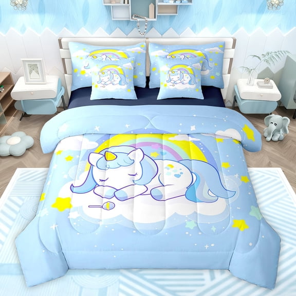 Feelyou Blue Cartoon Unicorn Bedding Comforter Set 7 Pieces for Teens, Cute Magic Animal Full Bedding Set, Mystic Stars Rainbow Reversible Fitted Sheet Flat Sheet, Microfiber Bedroom Decor