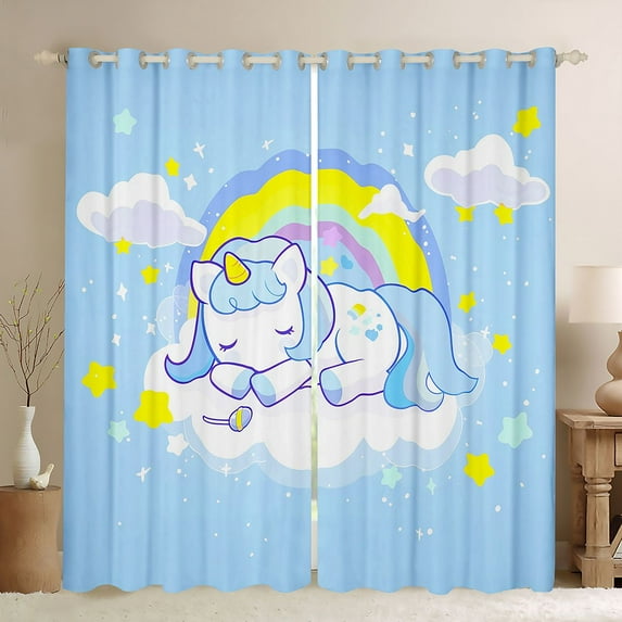 Feelyou Blue Cartoon Unicorn Black Out Curtains for Teens, Cute Magic Animal Curtains Pack of 2 (42x63 Each), Mystic Stars Rainbow Bedroom Curtains, Black Out Curtains Decor