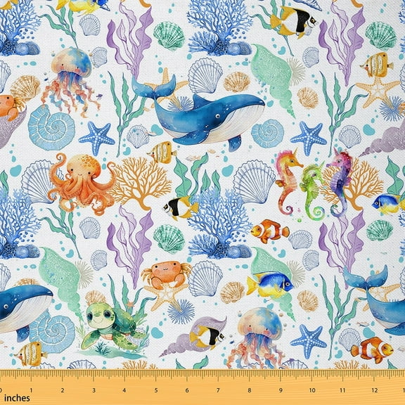 Feelyou Blue Cartoon Whale Fabric by the Yard 1 Yard for Teens, Sea Turtle Octopus Home Decor Fabric by the Yard, Ocean Sealife Coral Sewing Fabric, Super Cozy Room Decor