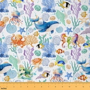 Feelyou Blue Cartoon Whale Fabric by the Yard 2 Yards for Teens, Sea Turtle Octopus Room Decor Fabric by the Yard, Ocean Sealife Coral Fabric for Sewing, Super Cozy Room Decor