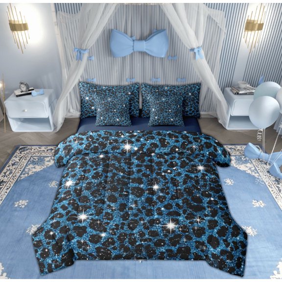 Feelyou Blue Cheetah Print Bedding Comforter Set 7pcs, Glitter Sequin Diamond Queen Bedding Sets, Teens Adult Kid Reversible Queen Sheet Sets, Super Cozy Room Decor