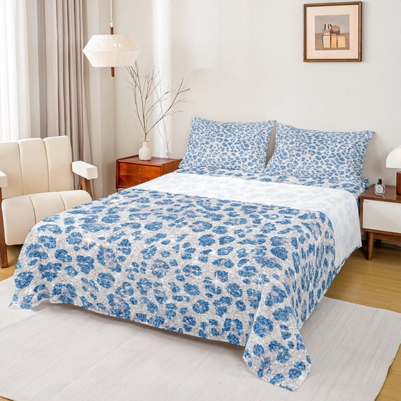 Feelyou Blue Cheetah Print Full Size Sheets, Glitter Sequin Diamond Bed Sheets, Teens Adult Kid Sheet Sets, Super Cozy Room Decor, 4 Pieces