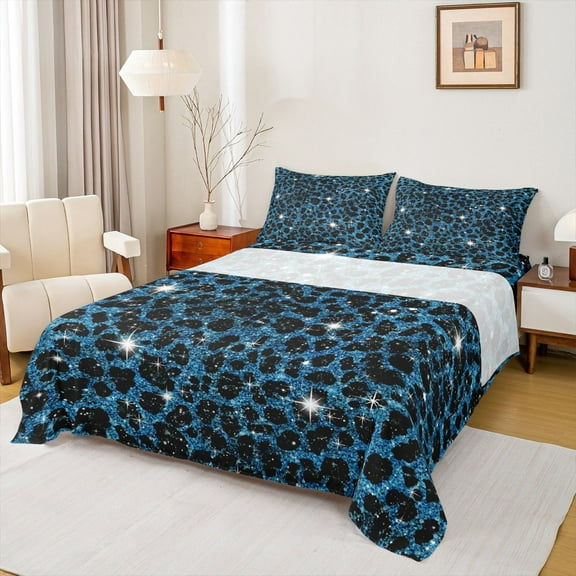 Feelyou Blue Cheetah Print Queen Sheet Sets, Glitter Sequin Diamond Flat Sheet, Teens Adult Kid Queen Fitted Sheet, Super Cozy Room Decor, 4 Pieces