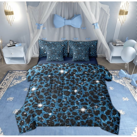 Feelyou Blue Cheetah Print Twin Bedding Sets 7-Piece, Glitter Sequin Diamond Bedding Comforter Set, Teens Adult Kid Reversible Sheet Sets, Super Cozy Room Decor