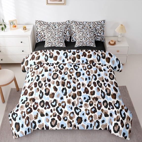 Feelyou Blue Cheetah Print Twin Bedding Sets 7-Piece, Leopard Fashion Bedding Comforter Set, Modern Geometric Reversible Sheet Sets, Luxury Bedroom Decor