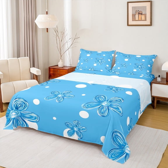 Feelyou Blue Cherry Blossoms Queen Sheet Sets, Cartoon Polkadots Abstract Flat Sheet, Watercolor Flower Queen Fitted Sheet, Microfiber Bedroom Decor, 4-Piece