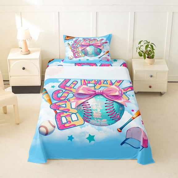 Feelyou Blue Cloud Sky Bow Baseball Twin Sheets for Girls, Sport Bats Gloves Cap Bedding, 3-Piece, 1 Flat Sheet, 1 Fitted Sheet and 1 Pillowcase