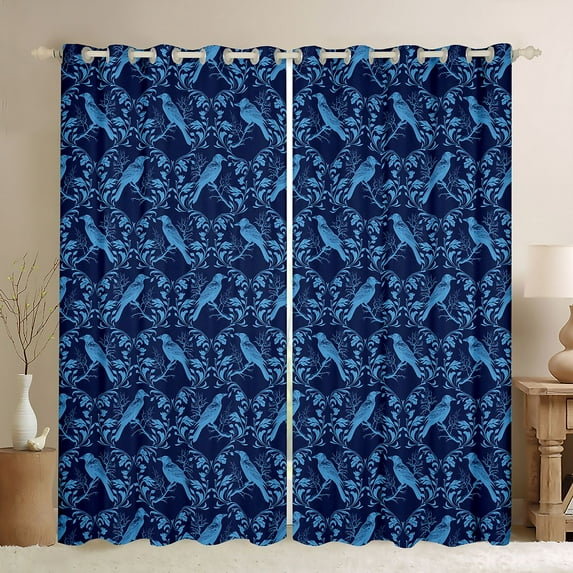 Feelyou Blue Damask Blackout Curtains Set of 2 (52x84 Each), Gothic Crow Window Curtains