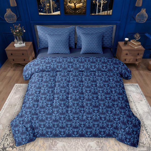 Feelyou Blue Damask Flower Bedding Comforter Set 7pcs, Boho Gothic Moth Queen Bedding Sets