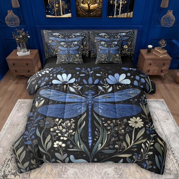 Feelyou Blue Dragonfly Animal Bedding Comforter Set 7pcs, Hippie Flower Full Bedding Set