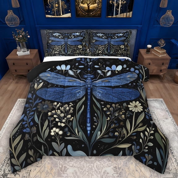 Feelyou Blue Dragonfly Animal Twin Comforter Sets, Hippie Flower Plant Bedding Set, 2pcs