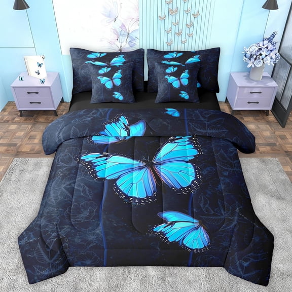 Feelyou Blue Dreamy Butterfly Bedding Comforter Set 7 Pieces for Teen, Magic Jungle Animal Full Bedding Set, Romantic Rose Print Reversible Fitted Sheet Flat Sheet, Breathable Home Decor