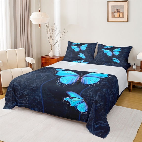 Feelyou Blue Dreamy Butterfly Twin Sheet Sets for Teen, Magic Jungle Animal Twin Fitted Sheet, Romantic Rose Print Flat Sheet, Breathable Home Decor, 3pcs
