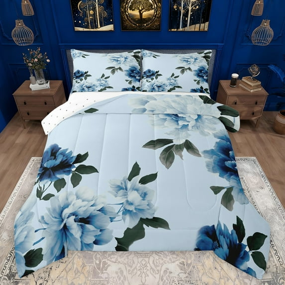 Feelyou Blue Fashion Flower Queen Comforter Set, Watercolor Floral Bedding Sets, Teens Adult Women Girls Reversible Bedding Comforter Set, Luxury Bedroom Decor, 3 Pieces
