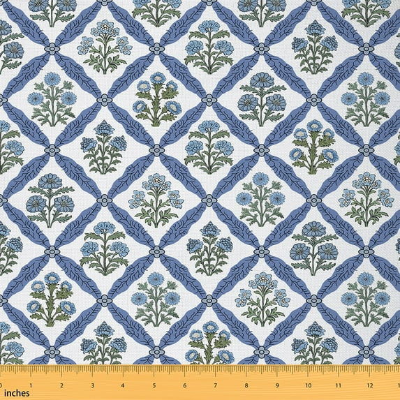 Feelyou Blue Flower Fabric by the Yard 3 Yards, Chic Floral Plaid Room Decor Fabric by the Yard, Vintage Blossoms Checkered Fabric for Sewing
