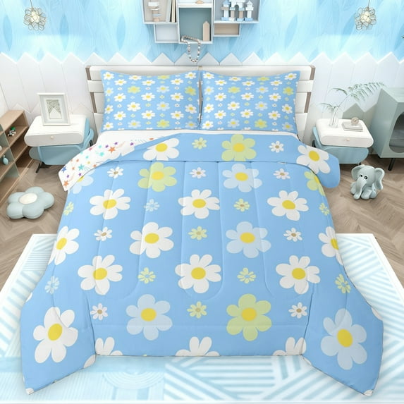 Feelyou Blue Flower Floral Full Size Comforter Sets for Women, Kawaii Groovy Print Bedding Comforter Set, Dreamy Princess Style Reversible Bedding Sets, Ultra Soft Bedroom Decor, 3 Pieces