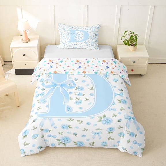 Feelyou Blue Flower Initial D Twin Duvet Cover for Kids Girls, Sweet Rose Bow Monogram Twin Bedding, Colorful Star Reversible, 2 Pieces, 1 Duvet Cover and 1 Pillowcase