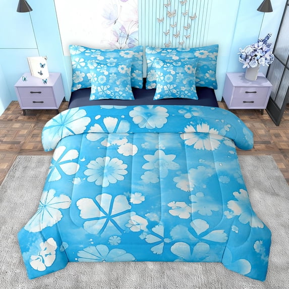 Feelyou Blue Flower Teen Bedding Comforter Set 7 Pieces, Fashion Ink Floral Full Bedding Set, Shamrock Groovy Blossoms Reversible Fitted Sheet Flat Sheet, Lightweight Room Decor