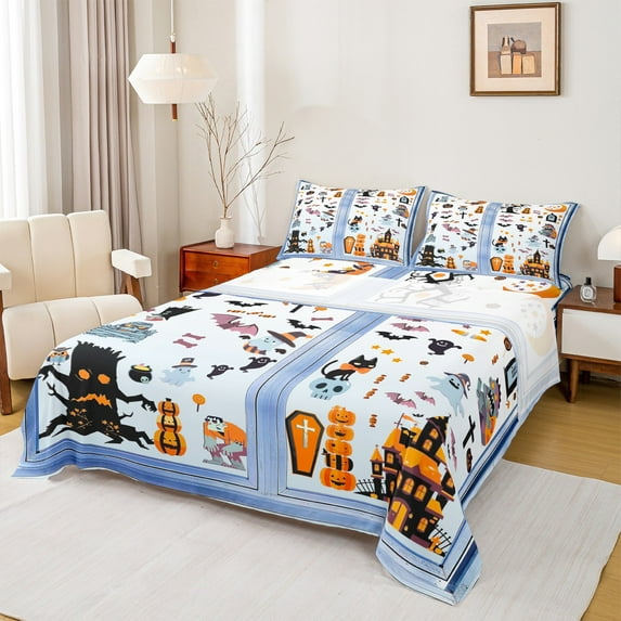 Feelyou Blue Ghost Skeleton Queen Sheet Sets, Cartoon Sugar Halloween Flat Sheet, Teen Boy Girl Kid Queen Fitted Sheet, Super Cozy Room Decor, 4 Pieces