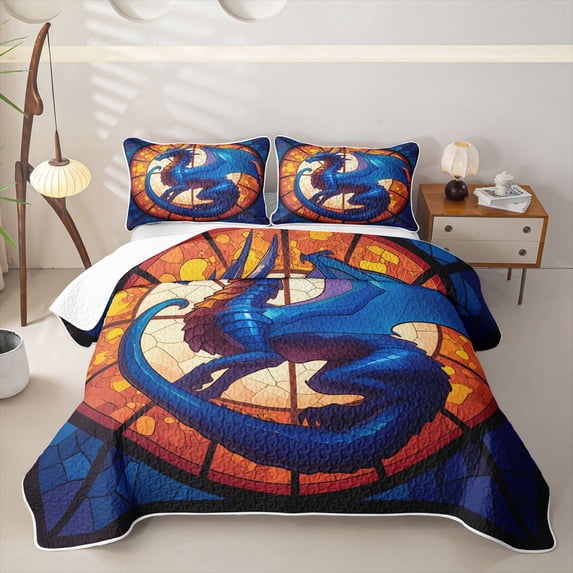 Feelyou Blue Glass Dragon Quilt King for Boys Girls, Church Art Wildlife King Coverlet Set, Blue Orange, 3 Pieces