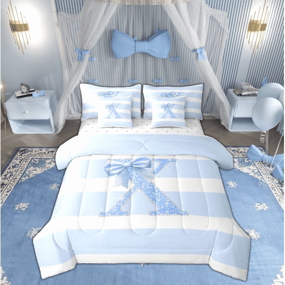 Feelyou Blue Glitter X Twin Bedding Sets 7-Piece, Initial Letter A to Z Bedding Comforter Set, Kawaii Cartoon Style Sheet Sets, Microfiber Bedroom Decor
