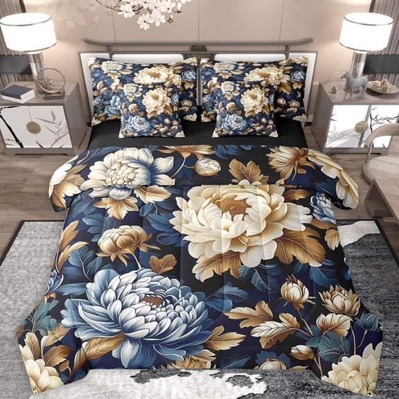Feelyou Blue Gold Flower Bedding Comforter Set 7pcs, Rustic Plant Botanical King Bedding Sets, Mandala Boho Style Reversible Bed Sheets, Breathable Home Decor