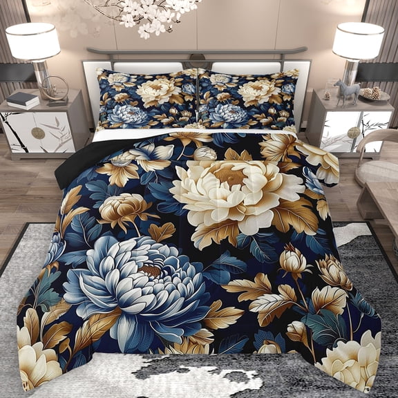 Feelyou Blue Gold Flower Bedding Comforter Set, Rustic Plant Botanical Twin Comforter Sets, Mandala Boho Style Reversible Bedding Set, Breathable Home Decor, 2-Piece