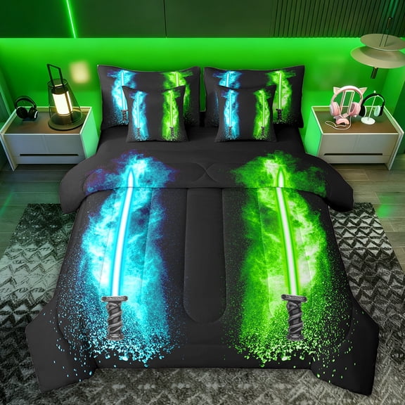 Feelyou Blue Green Lightning Comforter Set 7pcs, Splash Watercolor Queen Bedding Sets