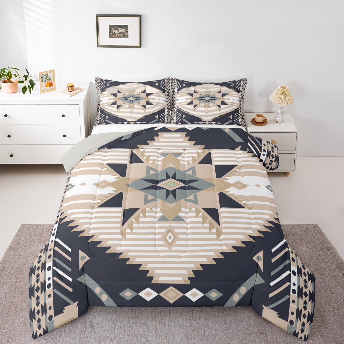Feelyou Blue Hippie Aztec Queen Comforter Set for Women, Wheat Triangle ...