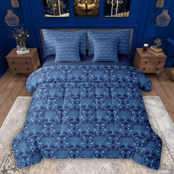 Feelyou Blue Hipple Damask Comforter Set 7pcs, Boho Western Life Tree Queen Bedding Sets