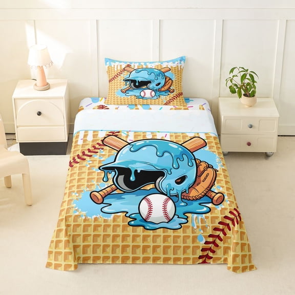 Feelyou Blue Ice Cream Baseball Helmet Twin Sheets, Kawaii Waffle Food Drip Bedding, 3pcs, 1 Flat Sheet, 1 Fitted Sheet and 1 Pillowcase