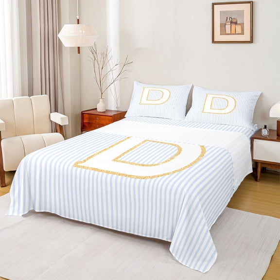 Feelyou Blue Initial D Letter Bed Sheets, Modern Striped Abstract King Sheets, Simple Fashion Style Sheet Set, Ultra Soft Bedroom Decor, 4pcs
