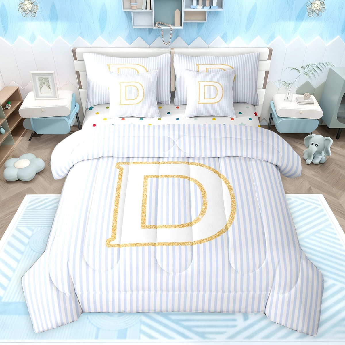Feelyou Blue Initial D Letter Bedding Comforter Set 7pcs, Modern ...