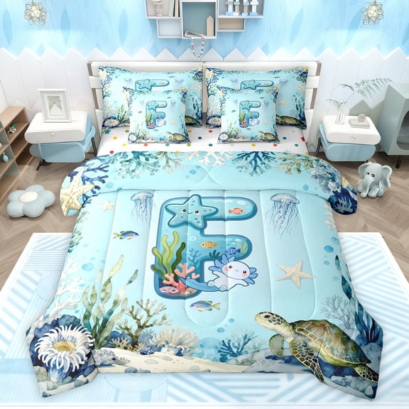 Feelyou Blue Initial F Twin Bedding Sets 7pcs, Ocean Axolotl Animal Bedding Comforter Set