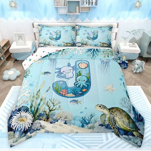 Feelyou Blue Initial J Twin Comforter Sets, Ocean Axolotl Animal Bedding Set, 2-Piece