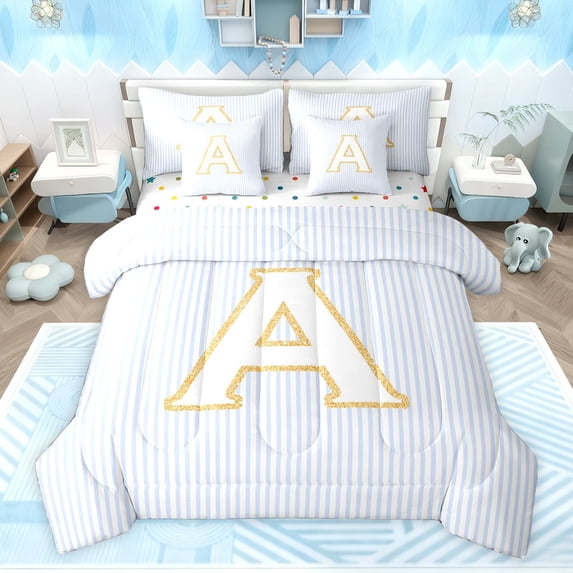 Feelyou Blue Initial A Letter Bedding Comforter Set 7 Pieces, Modern Striped Abstract Full Bedding Set, Simple Fashion Style Reversible Fitted Sheet Flat Sheet, Luxury Bedroom Decor