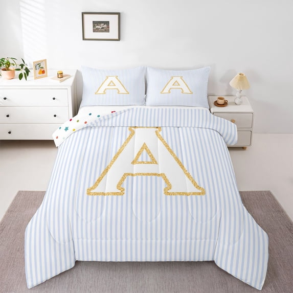 Feelyou Blue Initial A Letter Full Size Comforter Sets, Modern Striped Abstract Bedding Comforter Set, Simple Fashion Style Reversible Bedding Sets, Luxury Bedroom Decor, 3pcs