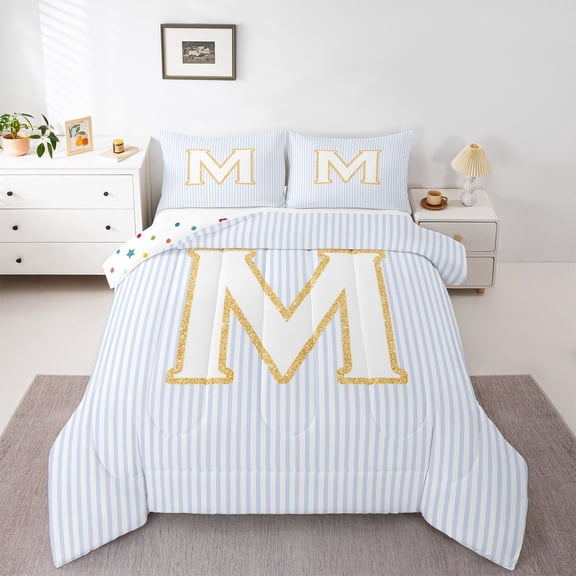 Feelyou Blue Initial M Letter Bedding Comforter Set, Modern Striped Abstract Twin Comforter Sets, Simple Fashion Style Reversible Bedding Set, Luxury Bedroom Decor, 2pcs