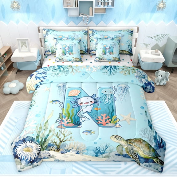Feelyou Blue Initial N Twin Bedding Sets 7pcs, Axolotl Jellyfish Animal Comforter Set