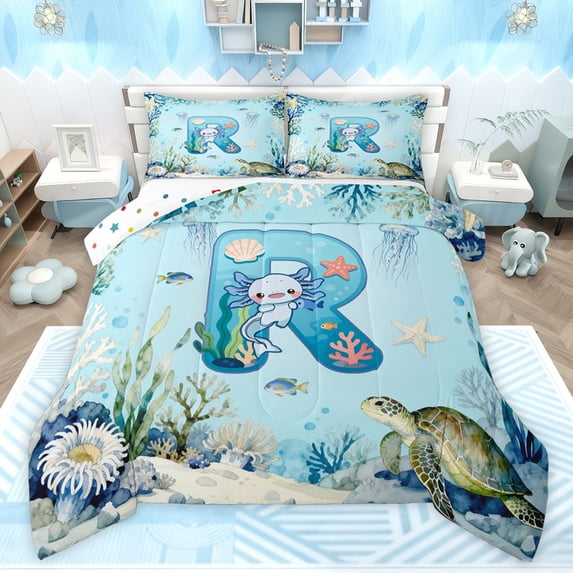 Feelyou Blue Initial R Twin Comforter Sets, Ocean Axolotl Animal Bedding Set, 2 Pieces