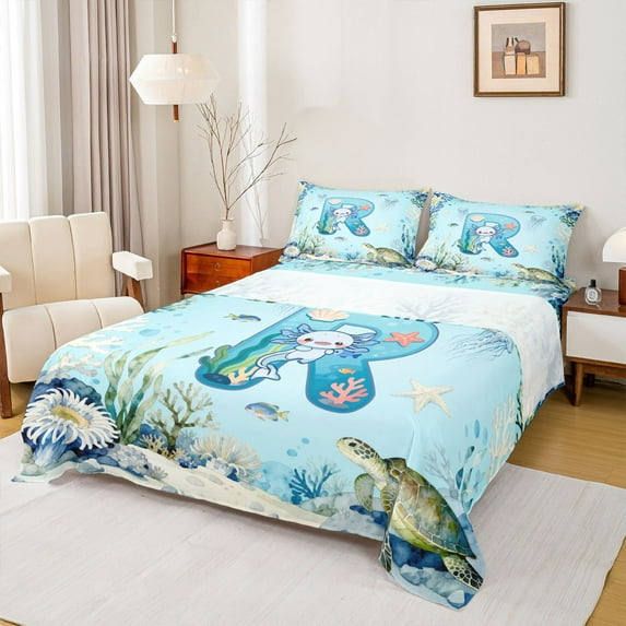 Feelyou Blue Initial R Twin Sheet Sets, Ocean Axolotl Animal Bedding, 3 Pieces